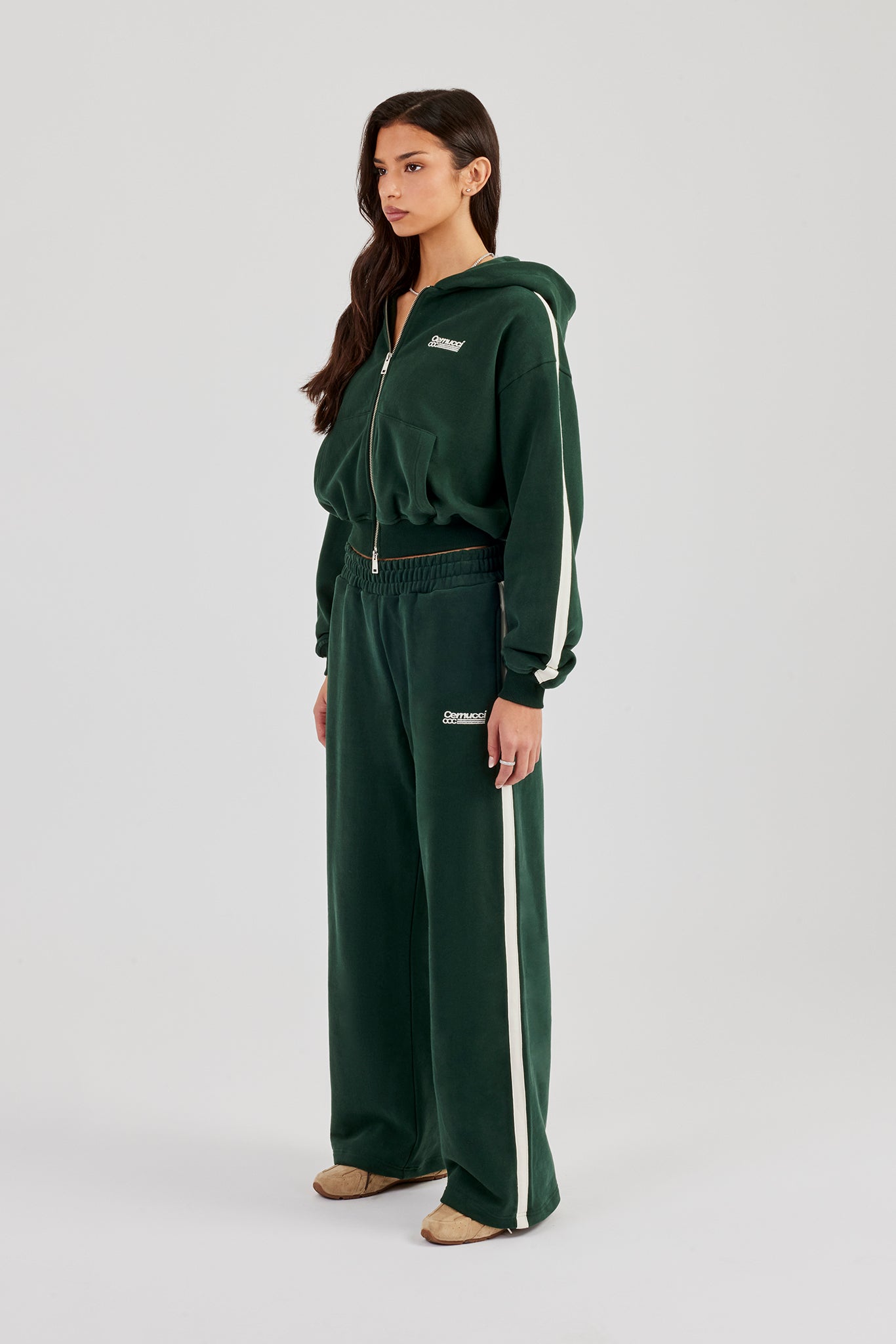 CCC Taping Boxy Zip Through Hoodie & Wide Leg Jogger - Forest Green